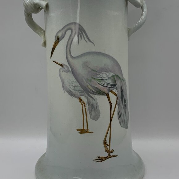 Warwick Vintage Porcelain Double Handle Egret Bird Gold Tone Trim 12" Vase - Picture 2 of 7